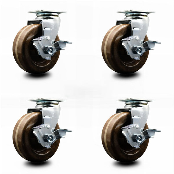 Service Caster 5 Inch High Temp Phenolic Swivel Caster Set with Roller Bearings and Brakes SCC SCC-20S520-PHRHT-TLB-4